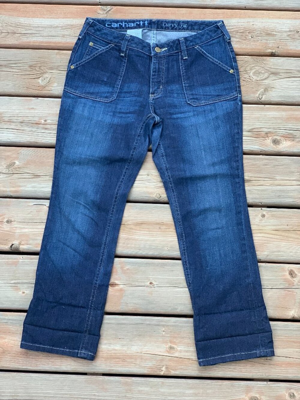 Carhartt Jeans Women 6 Curvy Fit Cropped Faded Dark Denim Straight Low Rise Pant
